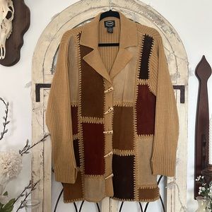 Vintage 90s Western Genuine Leather Patchwork and Knit Cardigan Sweater